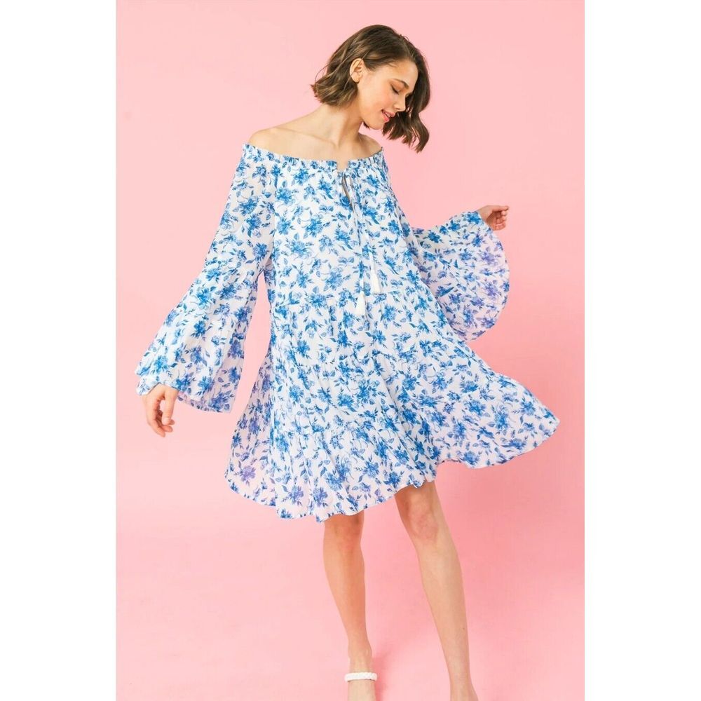 Flying Tomato Womens White Blue Floral Long Sleeve Fit & Flare Dress Size M Love